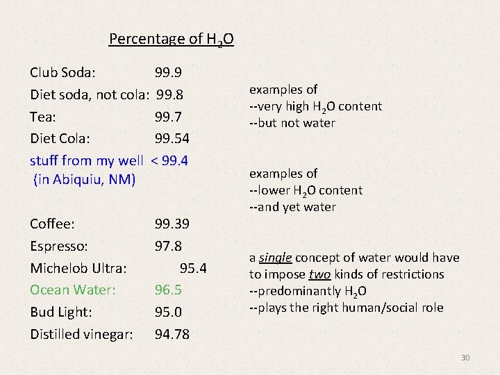 Percentage of H 2 O Club Soda: 99. 9 Diet soda, not cola: 99.