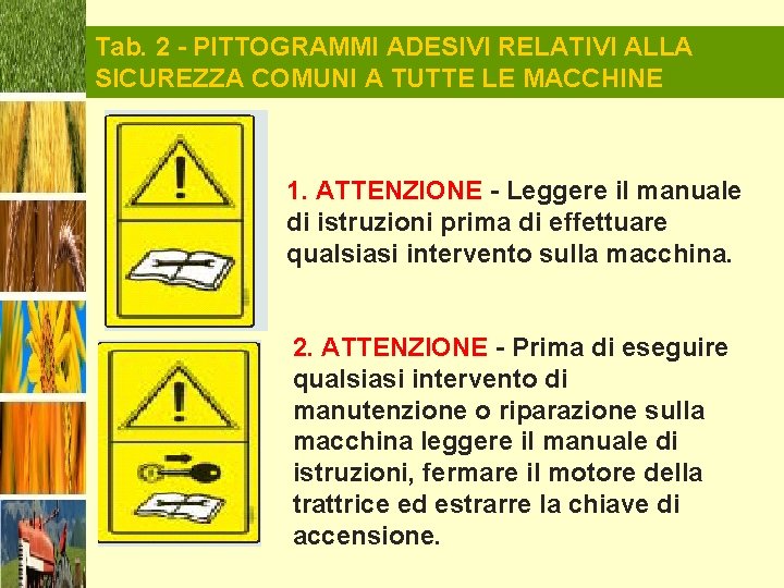 Tab. 2 - PITTOGRAMMI ADESIVI RELATIVI ALLA SICUREZZA COMUNI A TUTTE LE MACCHINE 1.