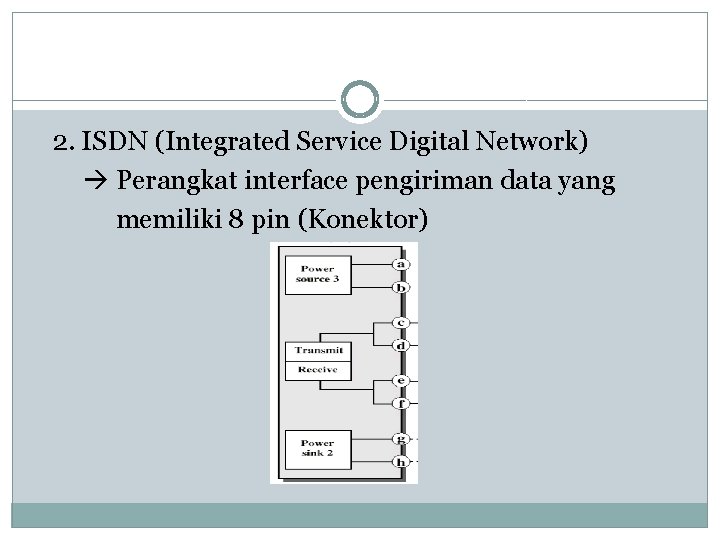 2. ISDN (Integrated Service Digital Network) Perangkat interface pengiriman data yang memiliki 8 pin