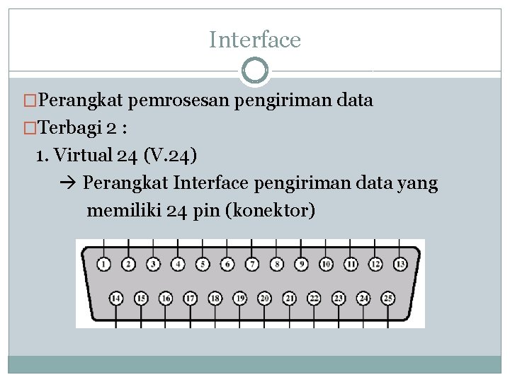 Interface �Perangkat pemrosesan pengiriman data �Terbagi 2 : 1. Virtual 24 (V. 24) Perangkat