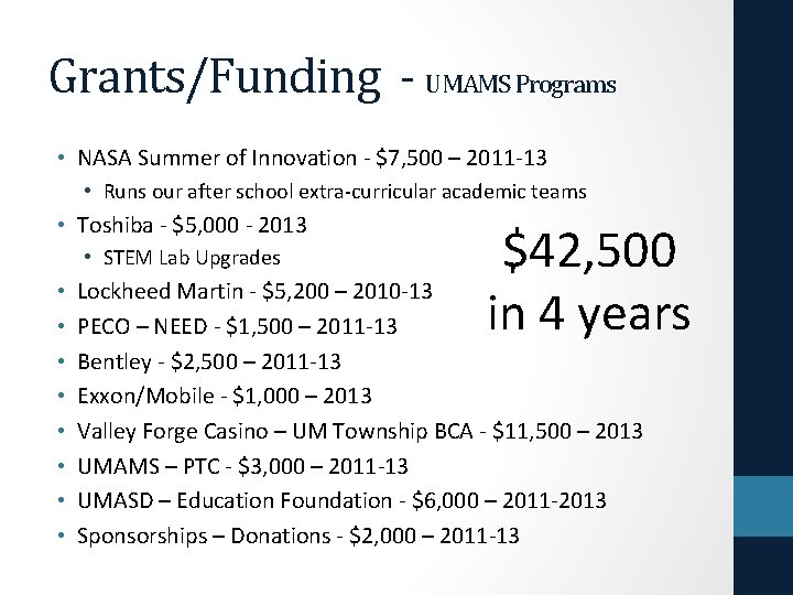 Grants/Funding - UMAMS Programs • NASA Summer of Innovation - $7, 500 – 2011