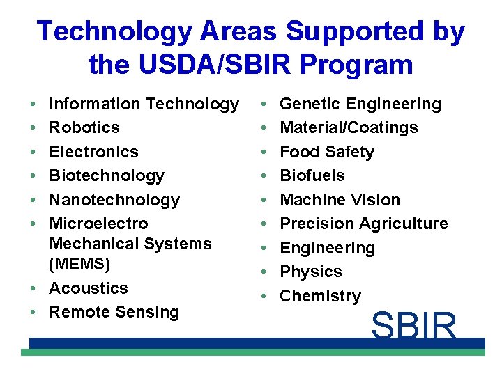 Technology Areas Supported by the USDA/SBIR Program • • • Information Technology Robotics Electronics