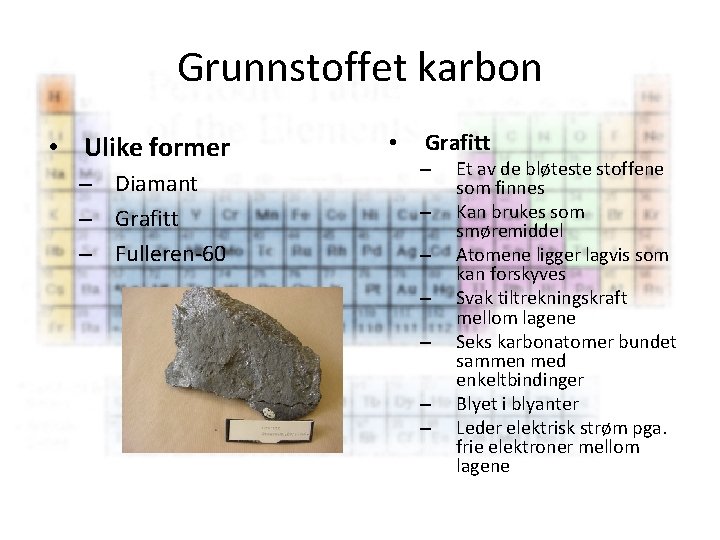 Grunnstoffet karbon • Ulike former – Diamant – Grafitt – Fulleren-60 • Grafitt –