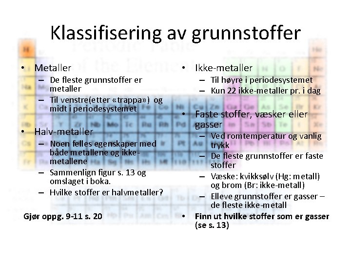 Klassifisering av grunnstoffer • Metaller – De fleste grunnstoffer er metaller – Til venstre(etter