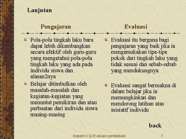 Lanjutan Pengajaran Evaluasi Pola-pola tingkah laku baru dapat lebih dikembangkan secara efektif oleh guru-guru