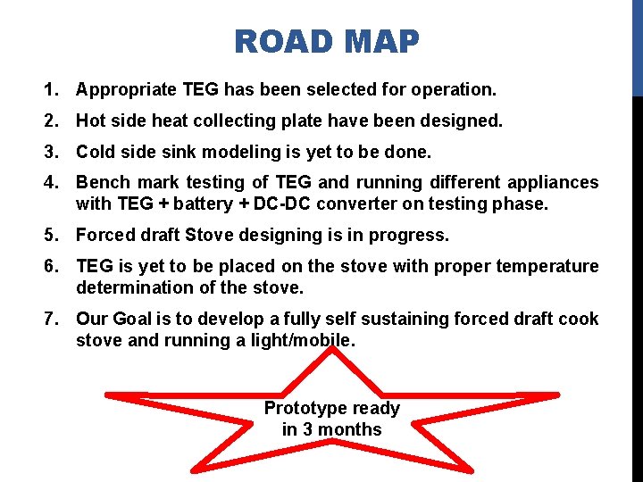 ROAD MAP 1. Appropriate TEG has been selected for operation. 2. Hot side heat