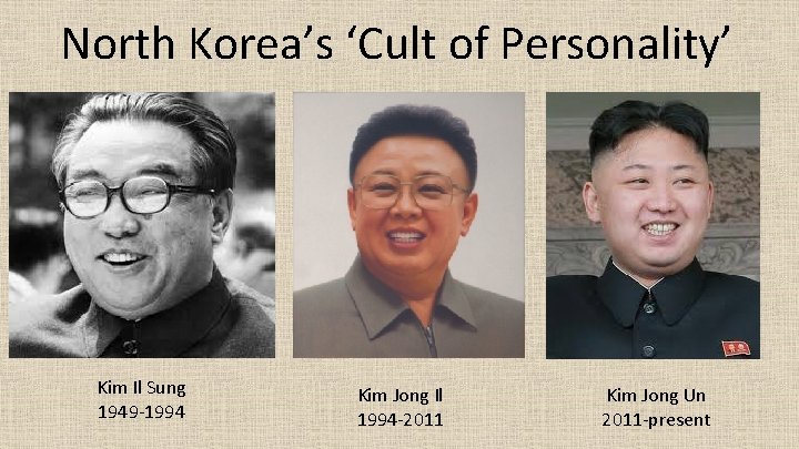North Korea’s ‘Cult of Personality’ Kim Il Sung 1949 -1994 Kim Jong Il 1994