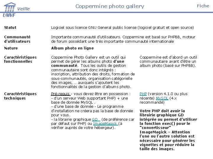 Veille Coppermine photo gallery Fiche Statut Logiciel sous licence GNU General public license (logiciel