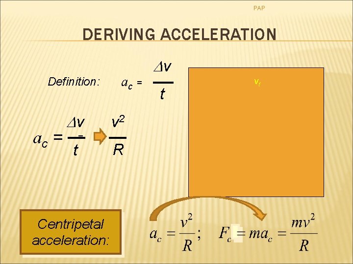 PAP DERIVING ACCELERATION Definition: ac = Dv t = Centripetal acceleration: ac = v