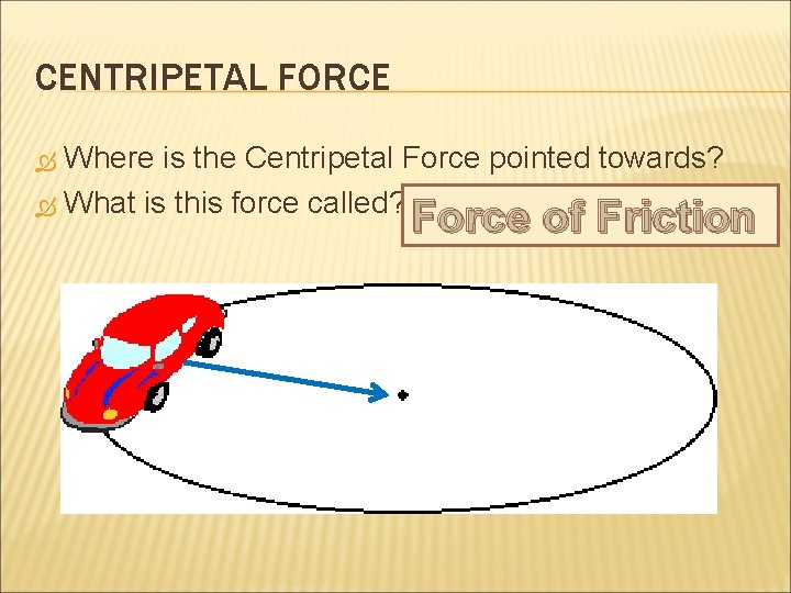 CENTRIPETAL FORCE Where is the Centripetal Force pointed towards? What is this force called?