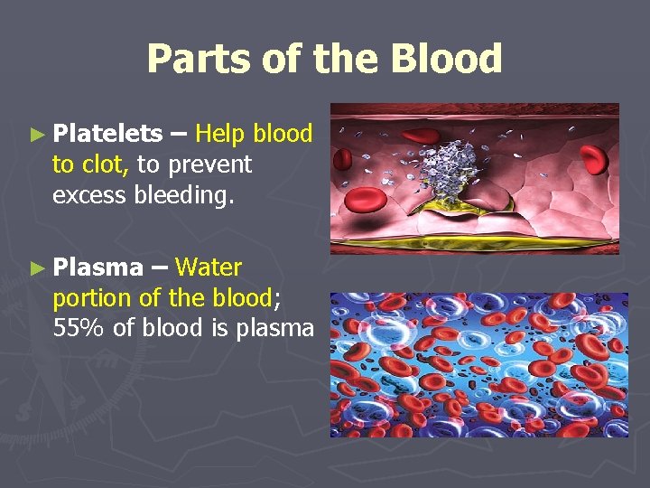 Parts of the Blood ► Platelets – Help blood to clot, to prevent excess