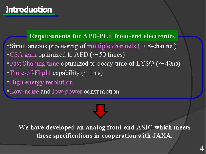 Introduction Requirements for APD-PET front-end electronics ・Simultaneous processing of multiple channels ( > 8