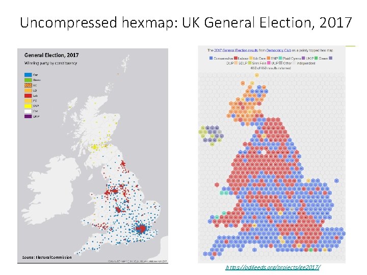 Uncompressed hexmap: UK General Election, 2017 Source: Electoral Commission https: //odileeds. org/projects/ge 2017/ 