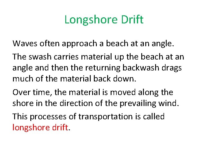 Longshore Drift Waves often approach a beach at an angle. The swash carries material Longshore Drift Waves often approach a beach at an angle. The swash carries material