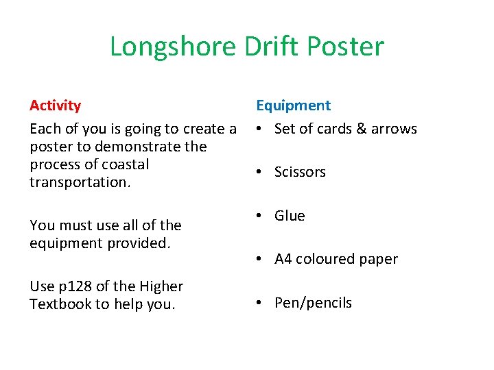 Longshore Drift Poster Activity Each of you is going to create a poster to