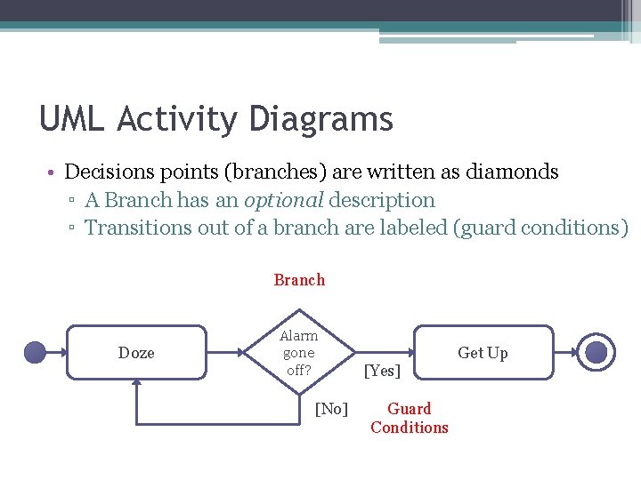 UML Activity Diagrams • Decisions points (branches) are written as diamonds ▫ A Branch