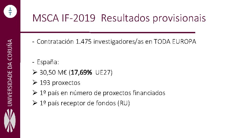 MSCA IF-2019 Resultados provisionais - Contratación 1. 475 investigadores/as en TODA EUROPA - España: