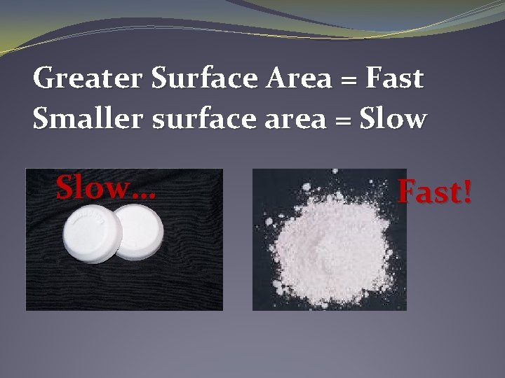 Greater Surface Area = Fast Smaller surface area = Slow… Fast! 