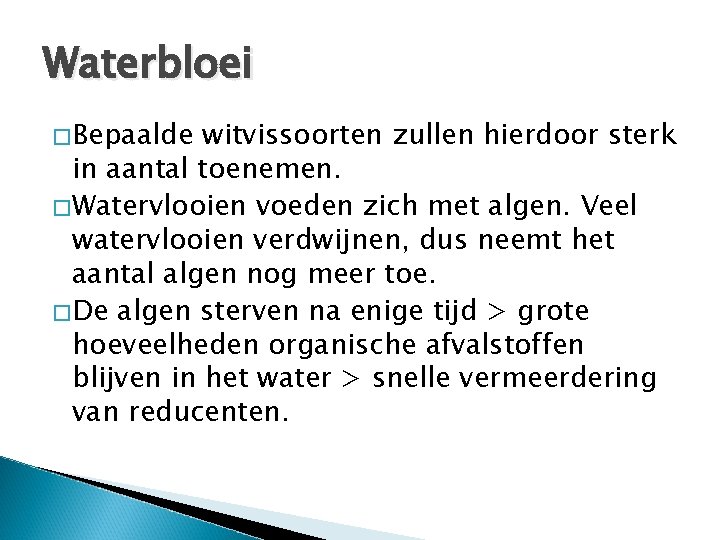 Waterbloei �Bepaalde witvissoorten zullen hierdoor sterk in aantal toenemen. �Watervlooien voeden zich met algen.