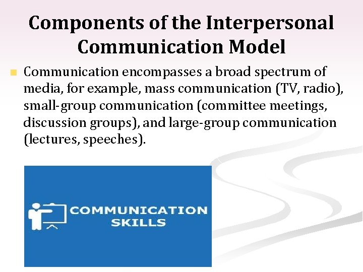 Components of the Interpersonal Communication Model n Communication encompasses a broad spectrum of media,