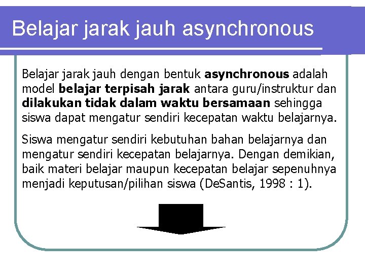 Belajar jarak jauh asynchronous Belajar jarak jauh dengan bentuk asynchronous adalah model belajar terpisah