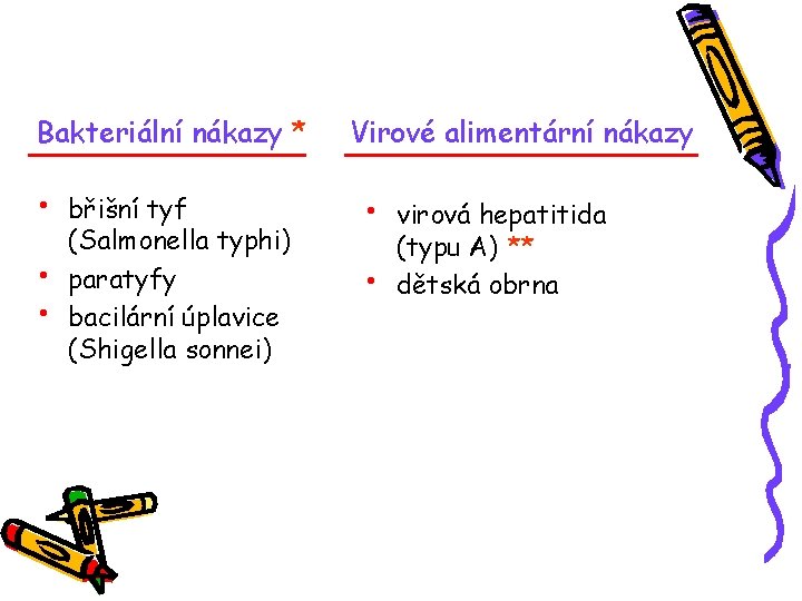 Bakteriální nákazy * • • • břišní tyf (Salmonella typhi) paratyfy bacilární úplavice (Shigella