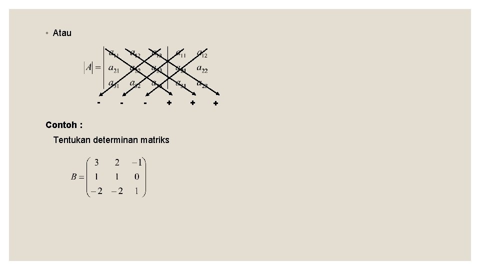 ◦ Atau - - - + Contoh : Tentukan determinan matriks + + 