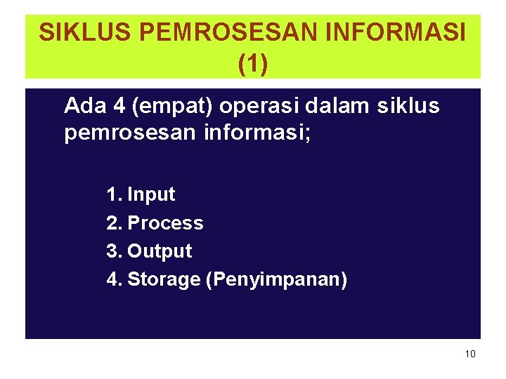 SIKLUS PEMROSESAN INFORMASI (1) Ada 4 (empat) operasi dalam siklus pemrosesan informasi; 1. Input