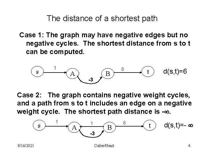 The distance of a shortest path Case 1: The graph may have negative edges