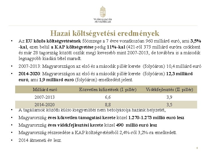 Hazai költségvetési eredmények • Az EU közös költségvetésének főösszege a 7 évre vonatkozóan 960