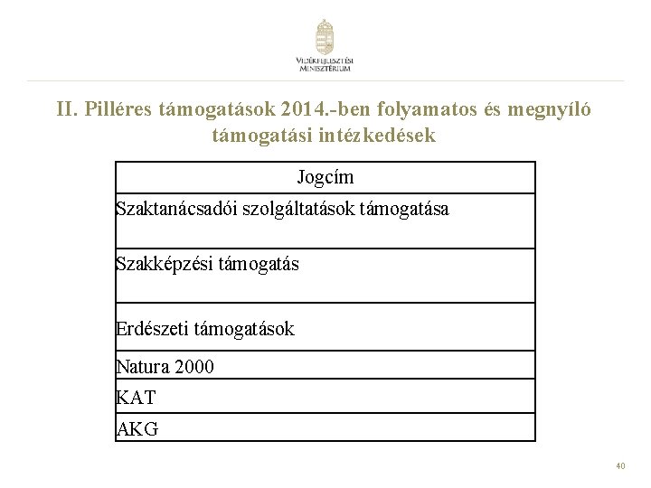 II. Pilléres támogatások 2014. -ben folyamatos és megnyíló támogatási intézkedések Jogcím Szaktanácsadói szolgáltatások támogatása