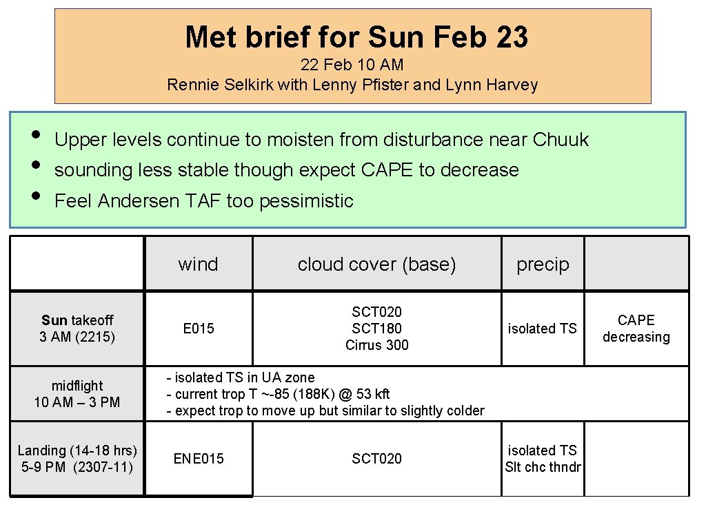 Met brief for Sun Feb 23 22 Feb 10 AM Rennie Selkirk with Lenny