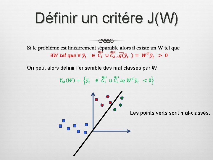Définir un critére J(W) On peut alors définir l’ensemble des mal classés par W