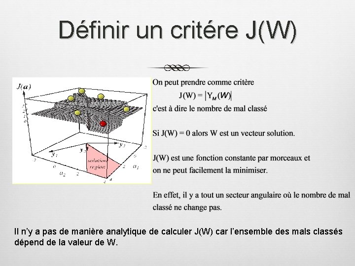 Définir un critére J(W) Il n’y a pas de manière analytique de calculer J(W)