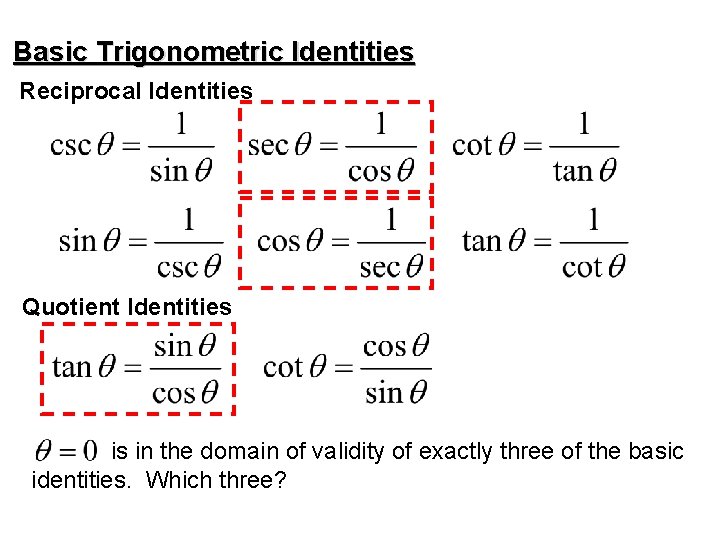 Basic Trigonometric Identities Reciprocal Identities Quotient Identities is in the domain of validity of