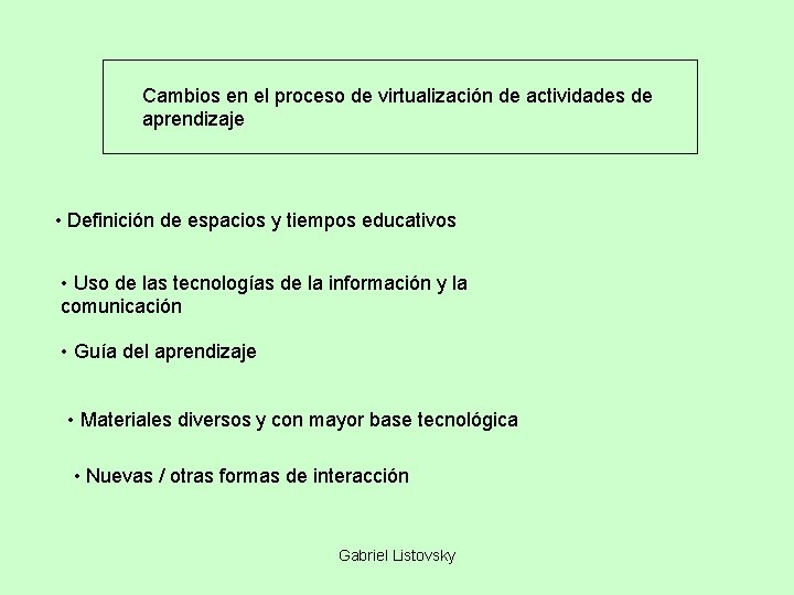 Cambios en el proceso de virtualización de actividades de aprendizaje • Definición de espacios