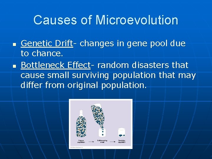 Causes of Microevolution n n Genetic Drift- changes in gene pool due to chance.