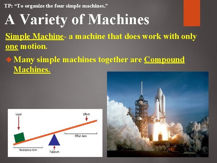 TP: “To organize the four simple machines. ” A Variety of Machines Simple Machine-