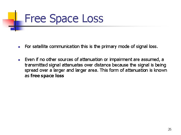 Free Space Loss n n For satellite communication this is the primary mode of