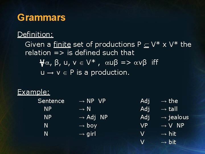 Grammars Definition: Given a finite set of productions P V* x V* the relation
