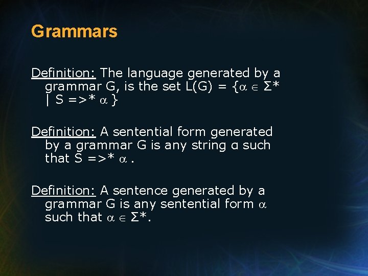Grammars Definition: The language generated by a grammar G, is the set L(G) =
