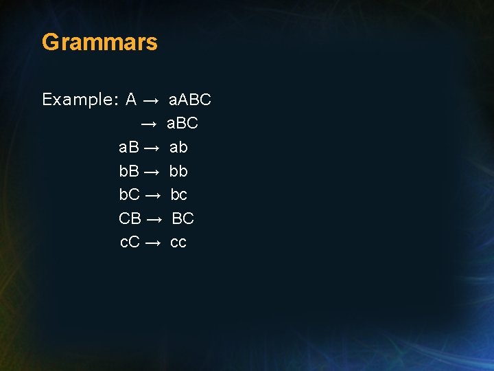 Grammars Example: A → a. ABC → a. BC a. B → ab b.