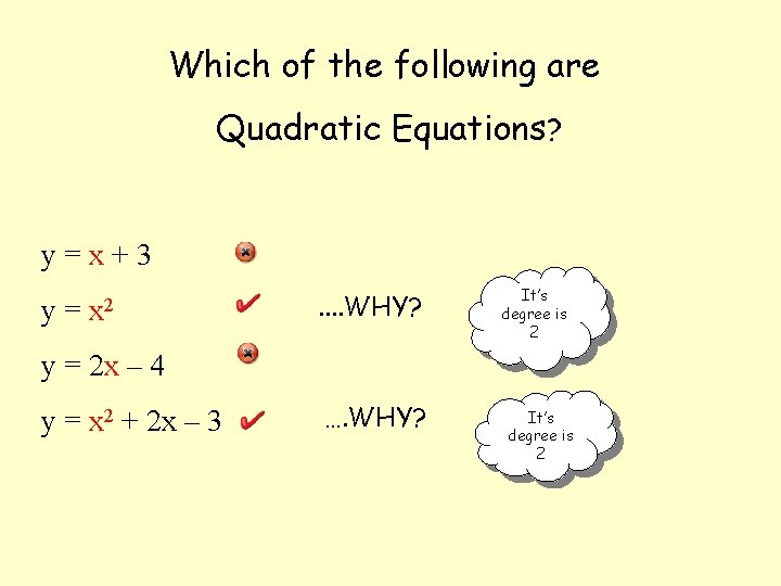 Which of the following are Quadratic Equations? y=x+3 y= x 2 . . WHY?