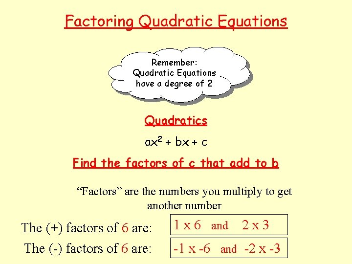 Factoring Quadratic Equations Remember: Quadratic Equations have a degree of 2 Quadratics ax 2