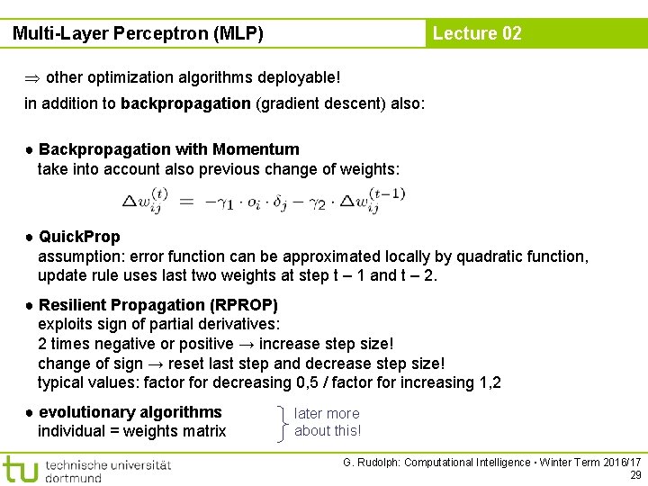 Multi-Layer Perceptron (MLP) Lecture 02 other optimization algorithms deployable! in addition to backpropagation (gradient