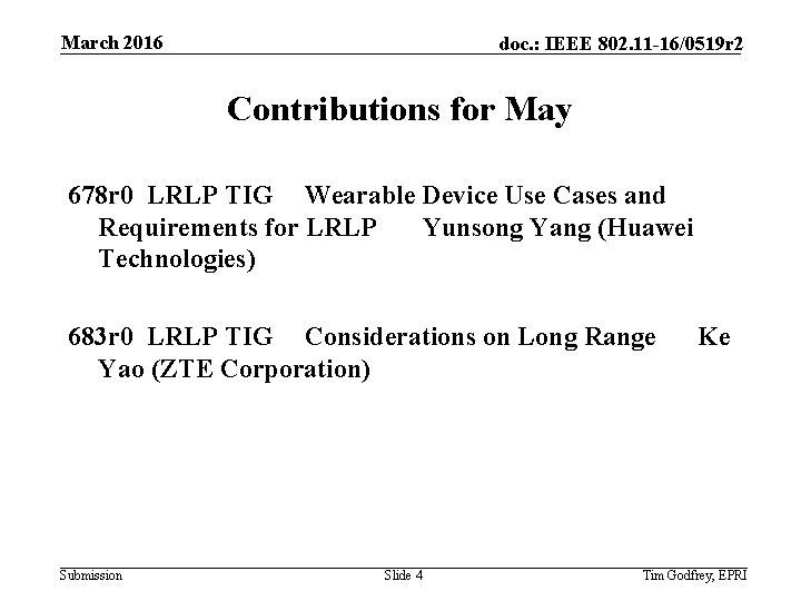 March 2016 doc. : IEEE 802. 11 -16/0519 r 2 Contributions for May 678