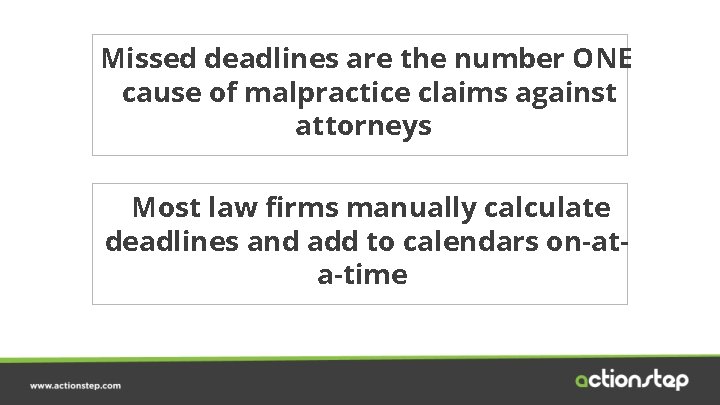 Missed deadlines are the number ONE cause of malpractice claims against attorneys Most law