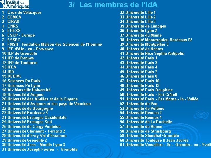 3/ Les membres de l’Id. A 1. Casa de Velázquez 2. CEMCA 3. CIRAD