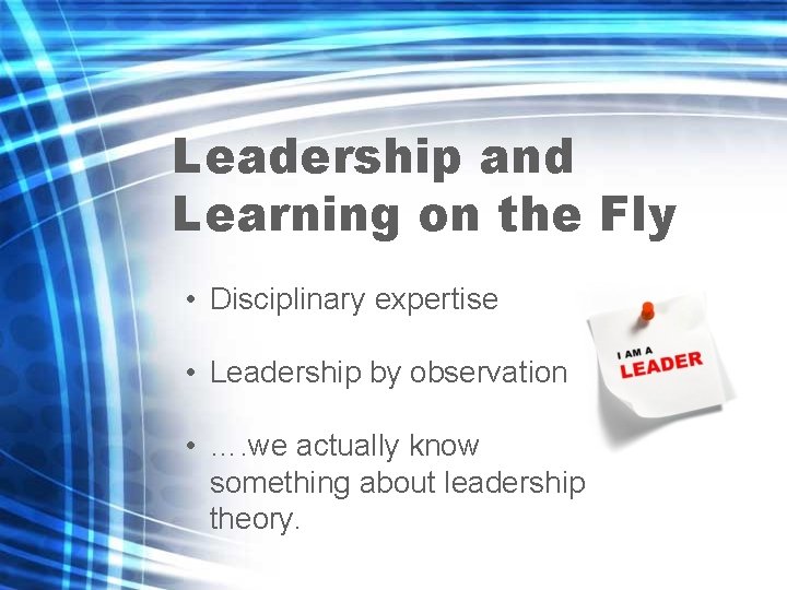 Leadership and Learning on the Fly • Disciplinary expertise • Leadership by observation •