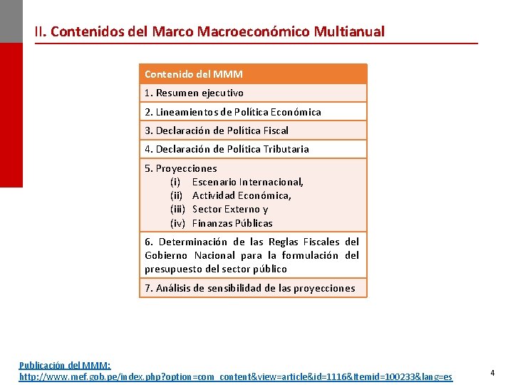 II. Contenidos del Marco Macroeconómico Multianual Contenido del MMM 1. Resumen ejecutivo 2. Lineamientos